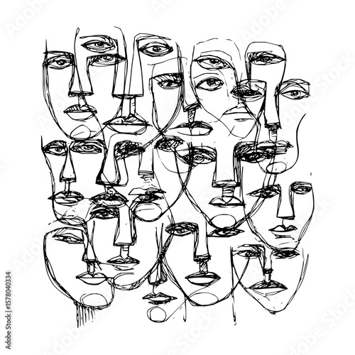 Line art illustration depicting a multitude of abstract faces overlapping in a dense arrangement