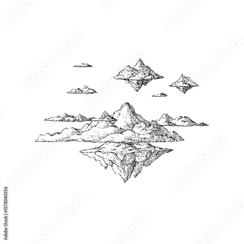 Illustration of floating islands with mountain peaks and cloud like formations in black and white style