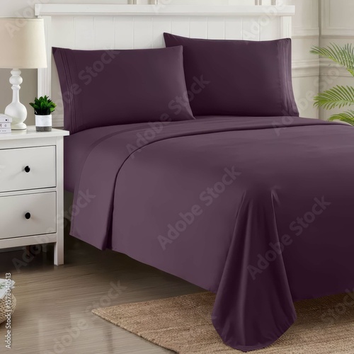 Bed with purple sheets arranged neatly in a cozy bedroom during daytime.