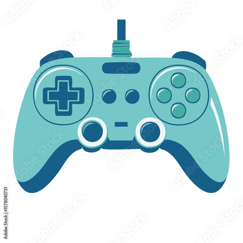 Illustrated vector style of a teal and blue gamepad or gaming controller for interactive electronic entertainment or virtual reality