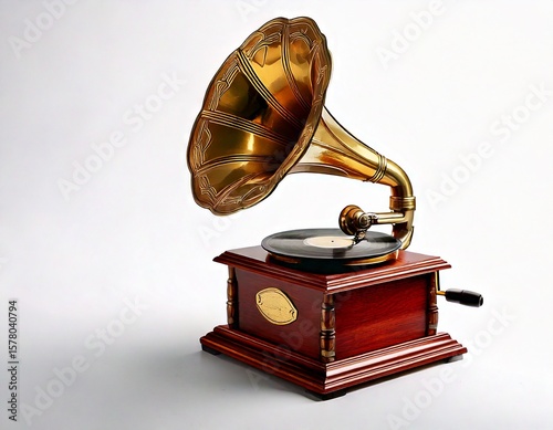 Antique brass and wooden gramaphone on white background,copy space 