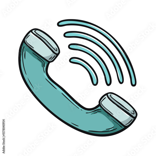 A turquoise retro telephone receiver with sound waves conveying communication or connection cartoon illustration