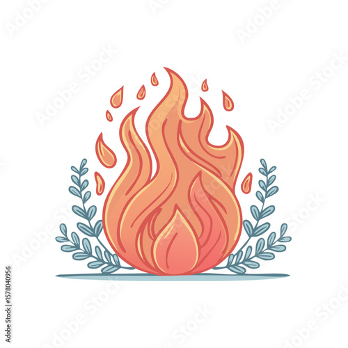 Stylized illustration of a bright fire with floral elements and water droplets isolated on white