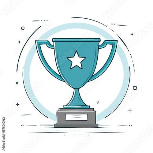 Stylized blue trophy with star icon in center, graphic illustration and victory achievement