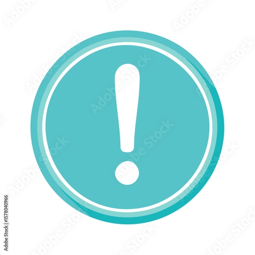 Teal circle icon with white exclamation mark, warning symbol, flat design