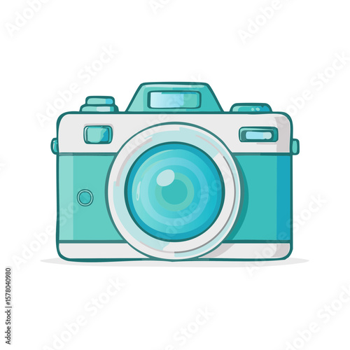Illustration of a teal and white retro camera with a round lens for taking photos and making memories.