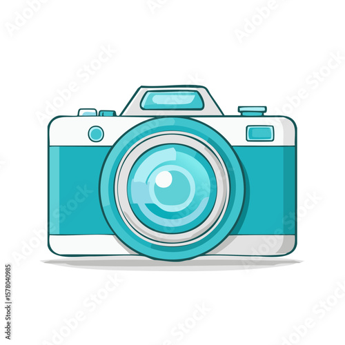 Teal and white camera illustration. Vector photographic lens equipment for photography.