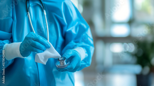Healthcare worker cleaning stethoscope with disinfectant wipe, showcasing hygiene practices in medical environment 