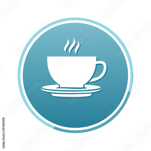 Hot Cup of Coffee Silhouette Icon on Blue Round Badge