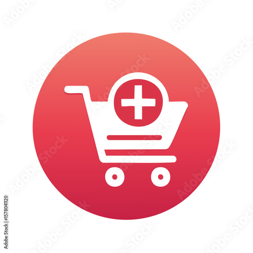Shopping cart icon with plus sign over red gradient circle for online store or web store