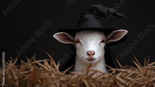 A sheep wearing a witch hat amidst dry straw.