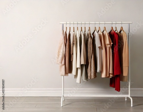 ashion clothes on a stand in a light background indoors. place for text 
