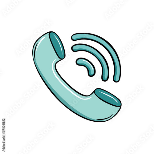 Illustration of turquoise telephone handset with communication signal emanating, suggesting phone call or communication