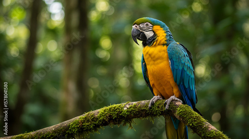 Vibrant Macaw Perched on MossCovered Branch in Lush Rainforest.