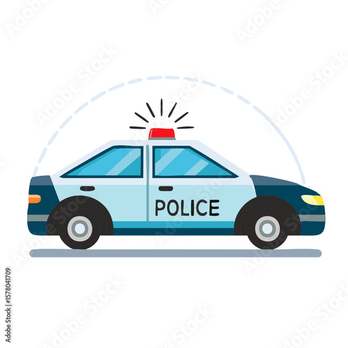 Cartoon police car with flashing red light and inscription side view illustration.