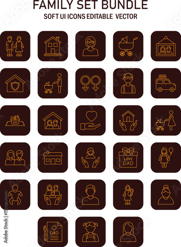 Diverse family life icon set representing stages and relationships in a unified design aesthetic