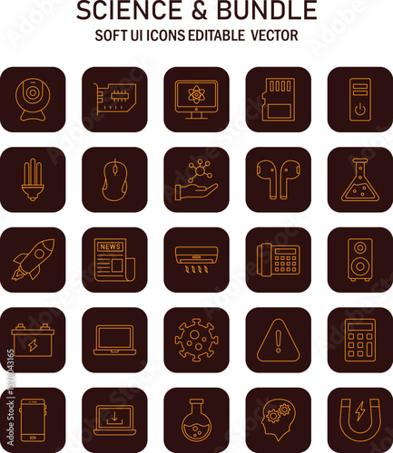 Collection of science, technology, and innovation icons symbolizing contemporary research and exploration in dark