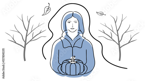A woman holding a pumpkin in autumn surrounded by fall leaves and bare trees