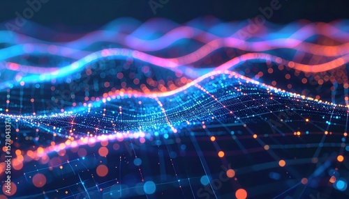 Abstract digital wave pattern with glowing lines and particles representing data flow, connectivity, and high technology innovation in vibrant neon colors