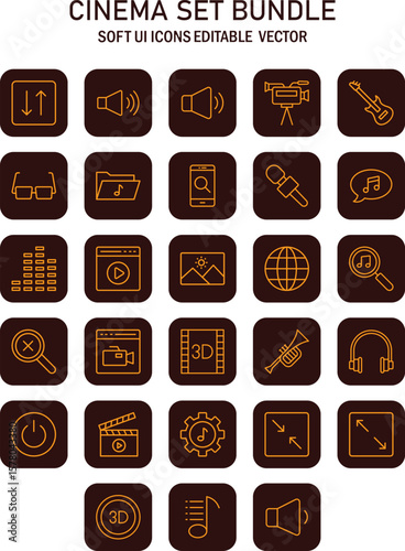 Curated collection of dark brown vector icons relating to cinema design and multimedia activities with rounded corner