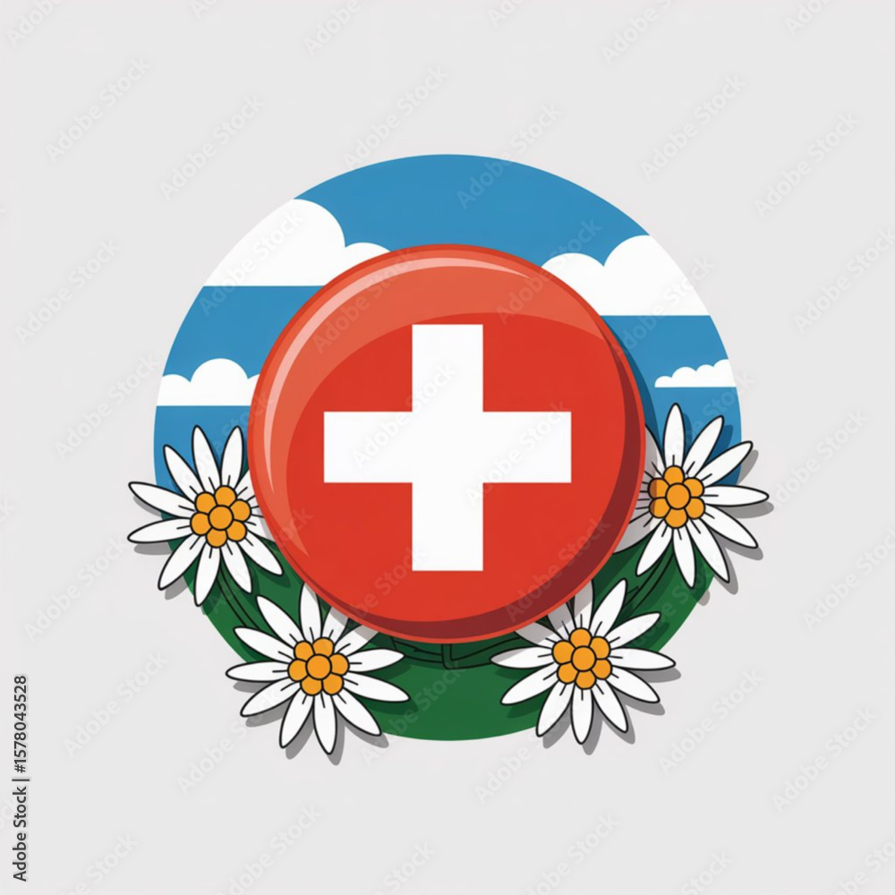 Obraz premium Sticker of Flag of Swiss. Bright button with flag of Swiss. Vector illustration Swiss National Day background. Bright illustration with flag. Vector with white background. 