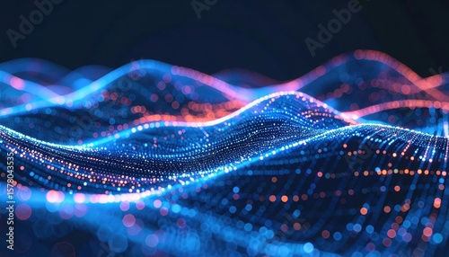Vibrant abstract digital wave pattern with glowing dots and flowing lines in deep blue and red tones, representing technology innovation and data visualization