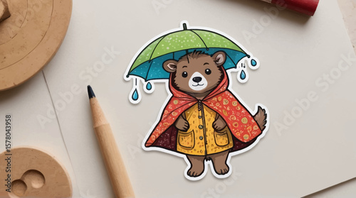 Charming illustration of a bear wearing a raincoat under an umbrella, showcasing delightful colors and a whimsical character perfect for children's designs, artwork, and creative projects.