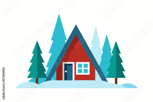 A Frame Cabin In Snowy Forest Hills On White Background
