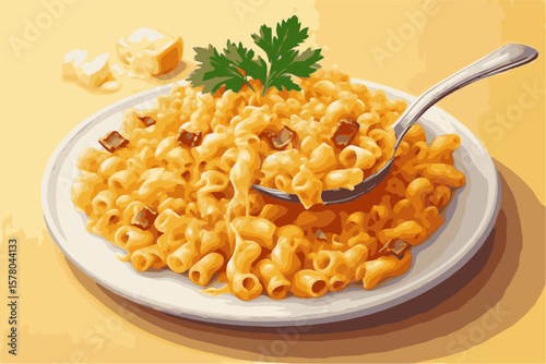 Happy national mac and cheese day on july 14th vector with a delicious creamy macaroni plate with parsley on top and cheese slice in the background