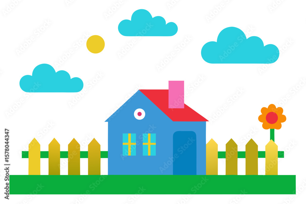 House Fence Flowers Lawn Sun Sky Clouds Vector Image House Fence Flowers Lawn Sun Sky Clouds Vector Image