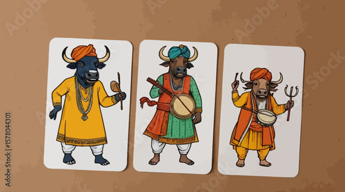 Cards displaying humorous drawings of anthropomorphic bulls dressed in vibrant Indian clothing, complete with turbans, jewelry, and instruments, set against a neutral background.
