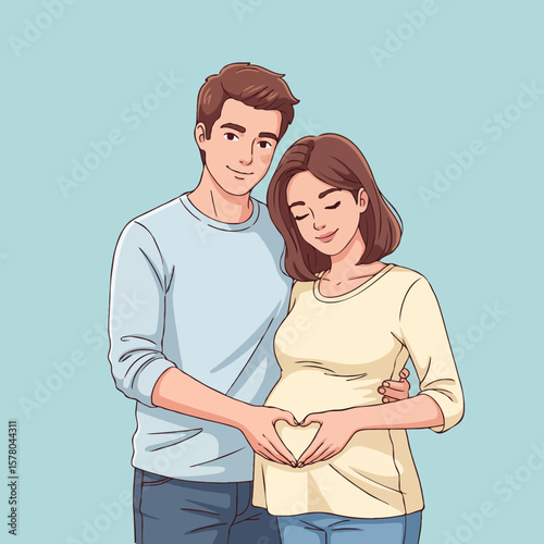 Pregnant Couple Making Heart Shape with Hands on Belly, Symbol of Love and Parenthood