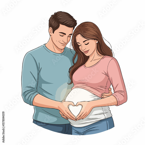Pregnant Couple Making Heart Shape with Hands on Belly, Symbol of Love and Parenthood