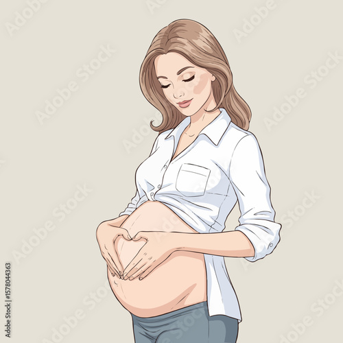Pregnant Woman Making Heart Shape on Her Belly with Hands, Symbol of Love and Motherhood
