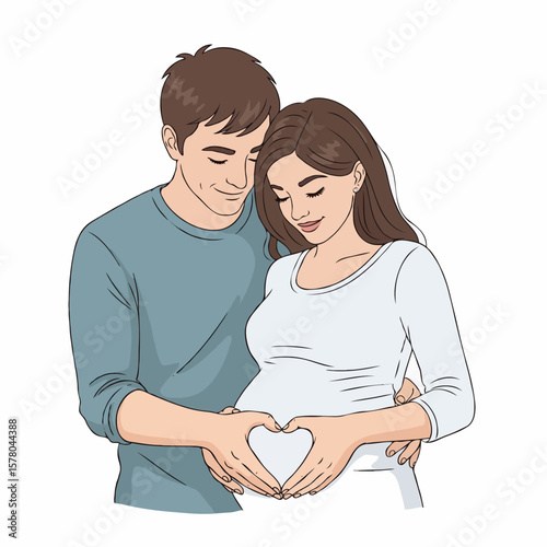 Pregnant Couple Making Heart Shape with Hands on Belly, Symbol of Love and Parenthood