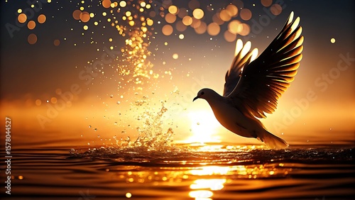 A dove taking flight over water during a golden sunset with bokeh light effects