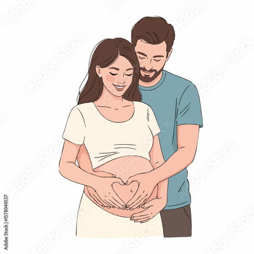 Pregnant Couple Making Heart Shape with Hands on Belly, Symbol of Love and Parenthood