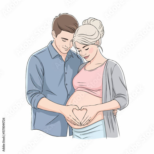 Pregnant Couple Making Heart Shape with Hands on Belly, Symbol of Love and Parenthood