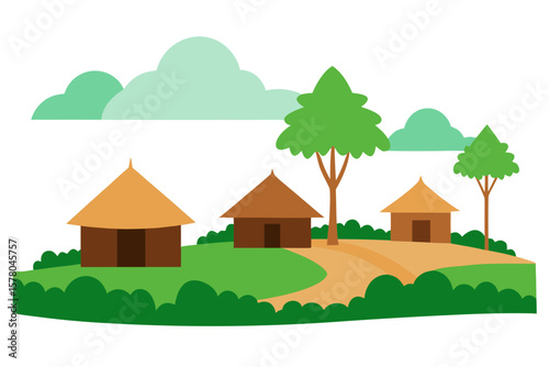 Peaceful Rural Village With Huts And Trees