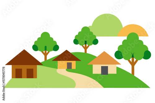 Peaceful Rural Village With Huts And Trees