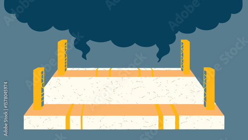 Abstract illustration of pollution cloud over an industrial complex with minimal style
