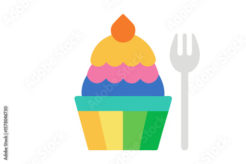 Cupcake With Rainbow Frosting Golden Spoon And Pear