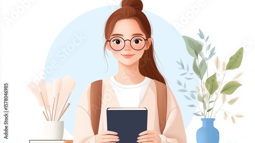 Young woman holding a book in a cozy study with plants in the background during daytime