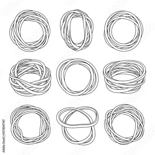 Set of hand-drawn tangled yarn balls with different perspectives