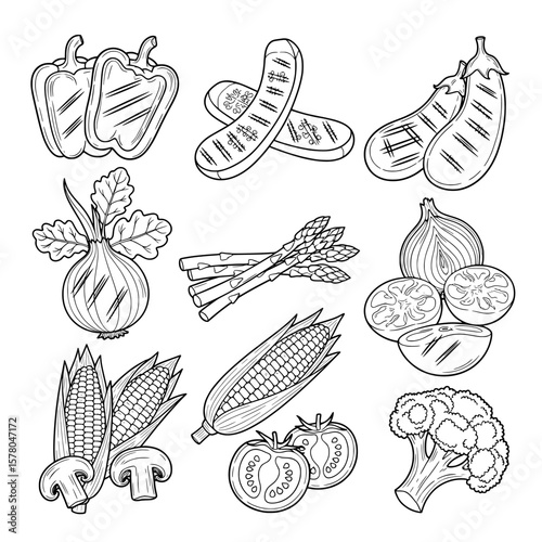 Set of vegetable line drawings including bell pepper tomato and corn
