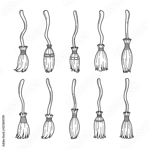 Set of broomstick sketches with wavy handles and bristle heads