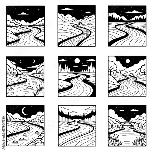 Set of nine landscape scenes with rivers and mountains in dark outlines