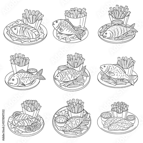 Set of fish dishes on plates with fries and sauces