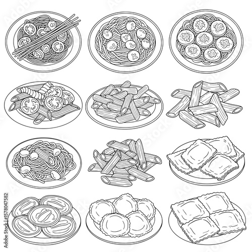 Set of pasta dishes with various sauces and shapes for culinary presentation