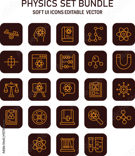 A comprehensive vector set of physics icons showcasing various scientific concepts and educational equipment for